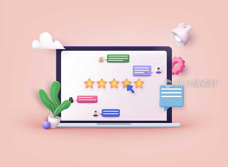 Customer review concepts. hand Showing on five star excellent rating. Reviews stars with good and bad rate and text. 3D Web Vector Illustrations.